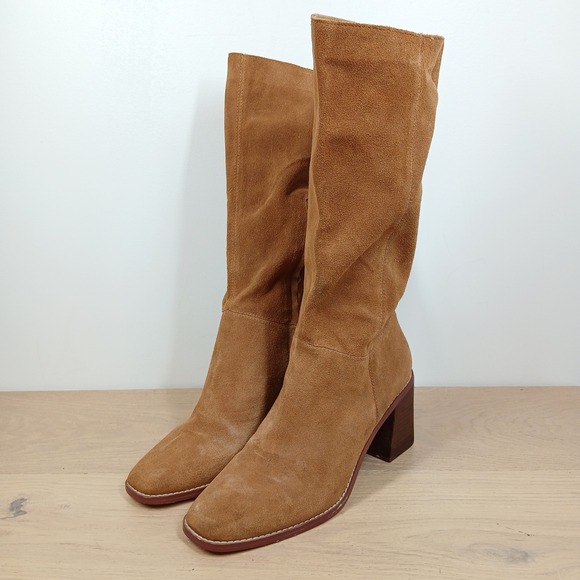 Crown Vintage Shoes - Crown Vintage Mid Calf Slouch Boots Women's 8.5 Tan Suede Block Heel 70s Retro